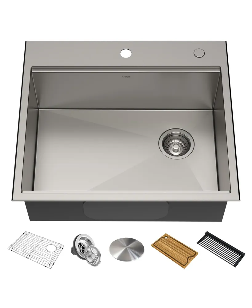 Kraus Kore in. Workstation Drop-In 16 Gauge Single Bowl Stainless Steel Kitchen Sink with Accessories