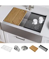 Kraus Kore in. Workstation Farmhouse Flat Apron Front 16 Gauge Single Bowl Stainless Steel Kitchen Sink with Accessories