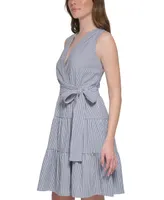 Tommy Hilfiger Women's Textured Striped Surplice-Neck Tiered Dress