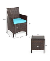 3PCS Patio Rattan Furniture Set Cushioned Sofa Glass Tabletop Deck
