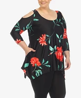 White Mark Plus Floral Printed Cold Shoulder Tunic Top