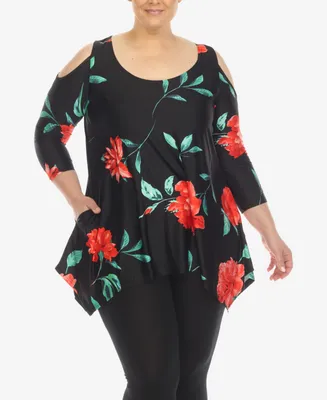 White Mark Plus Floral Printed Cold Shoulder Tunic Top