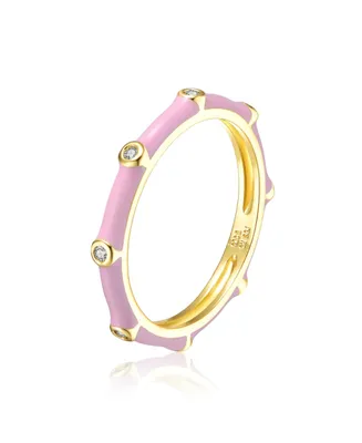 Rachel Glauber Ra 14k Yellow Gold Plated with Cubic Zirconia Pink Enamel Bamboo Kids/Young Adult Stacking Ring
