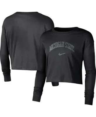 Women's Nike Black Michigan State Spartans 2-Hit Cropped Long Sleeve Logo T-shirt