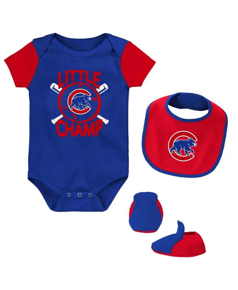 Newborn and Infant Boys Girls Royal Chicago Cubs Little Champ Three-Pack Bodysuit Bib Booties Set