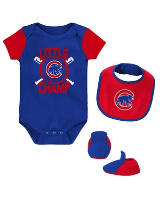 Newborn and Infant Boys Girls Royal Chicago Cubs Little Champ Three-Pack Bodysuit Bib Booties Set
