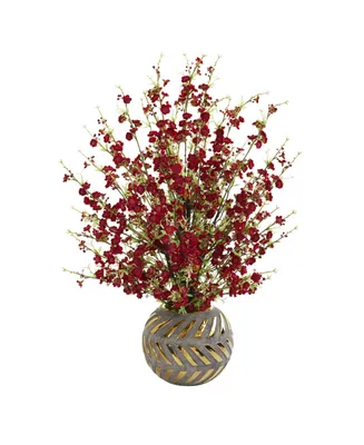 Nearly Natural 30in. Cherry Blossom Artificial Arrangement in Stoneware Vase with Gold Trimming