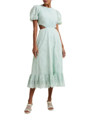 French Connection Women's Esse Eyelet Cutout Puff-Sleeve Cotton Midi Dress