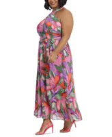 London Times Plus Crisscross Wrap-Neck Halter Maxi Dress