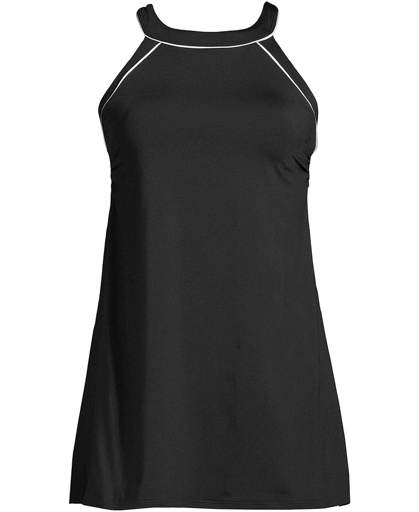 Lands' End Women's Long Chlorine Resistant High Neck Swim Dress One Piece Swimsuit