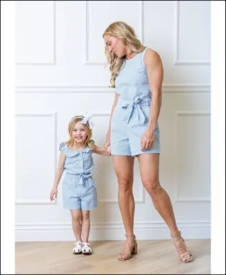 Mommy Me Organic Cotton Blue Seersucker Rompers With Waist Sash