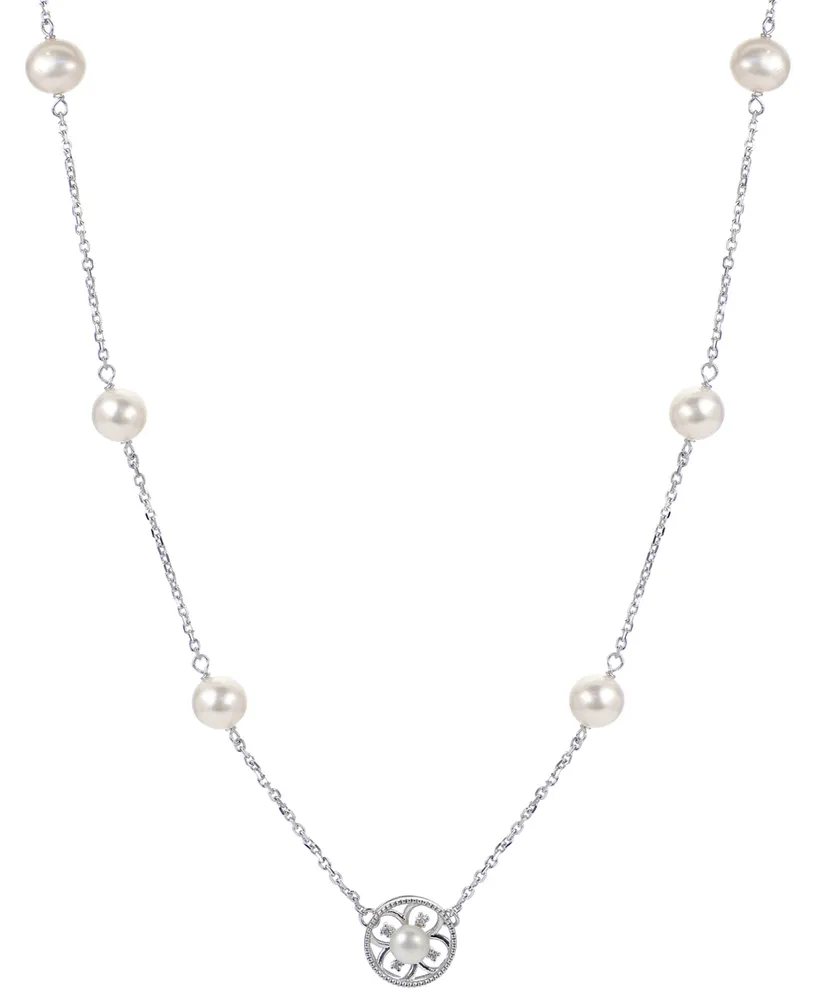 Cultured Freshwater Pearl (5 - 6-1/2mm) & Lab-Created White Sapphire (1/20 ct. t.w.) Flower 18" Pendant Necklace in Sterling Silver