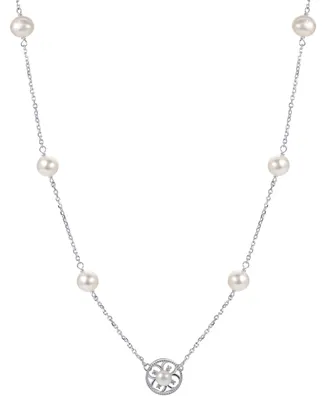 Cultured Freshwater Pearl (5 - 6-1/2mm) & Lab-Created White Sapphire (1/20 ct. t.w.) Flower 18" Pendant Necklace in Sterling Silver