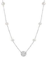 Cultured Freshwater Pearl (5 - 6-1/2mm) & Lab-Created White Sapphire (1/20 ct. t.w.) Flower 18" Pendant Necklace in Sterling Silver