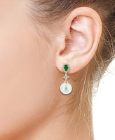 Effy Freshwater Pearl (9mm), Emerald (3/8 ct. t.w.) & Diamond (5/8 ct. t.w.) Drop Earrings in 14k Gold