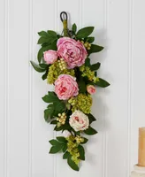 Nearly Natural 24" Mixed Peony and Hydrangea Teardrop