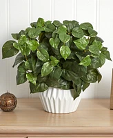 Nearly Natural 16" Pothos Artificial Plant in White Ceramic Vase