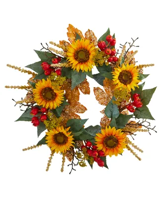 Nearly Natural 27" Sunflower Berry Artificial Wreath