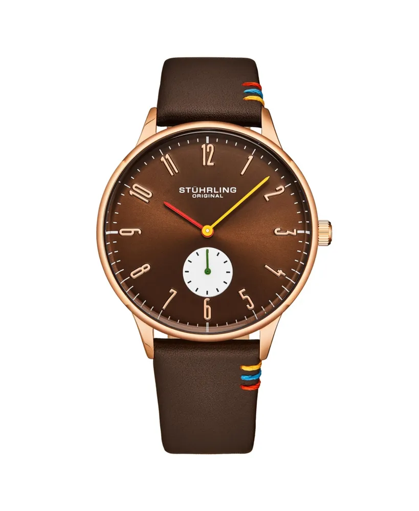 Stuhrling Mens Brown leather strap Quartz Brown dial Rose Gold case Red yellow and green hands