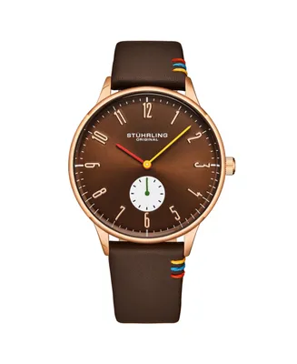 Stuhrling Mens Brown leather strap Quartz Brown dial Rose Gold case Red yellow and green hands