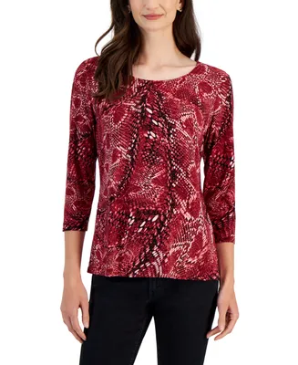 Jm Collection Women's Animal-Print 3/4-Sleeve Jacquard Top, Created for Macy's