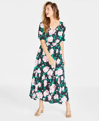 On 34th Women's Floral Print Elbow-Sleeve Tiered Maxi Dress, Created for Macy's