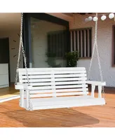 Outsunny 46" 2 Person Wooden Hanging Porch Swing Bench, Slatted Front Porch Swing Outdoor Chair with Cupholder Armrests 440 lbs. Weight Capacity, Whit