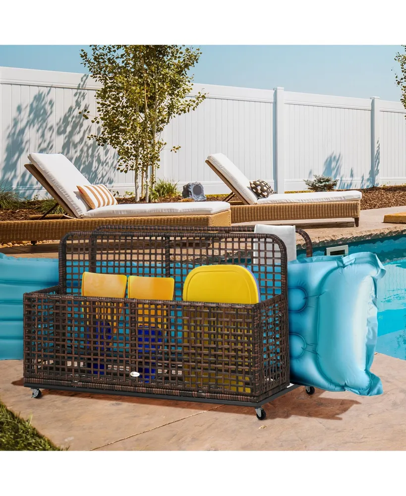 Outsunny Patio Wicker Pool Float Storage with Wheels, Outdoor Rolling Pe Rattan Pool Caddy, Includes Compartment and Basket, for Pool, Garden, Deck