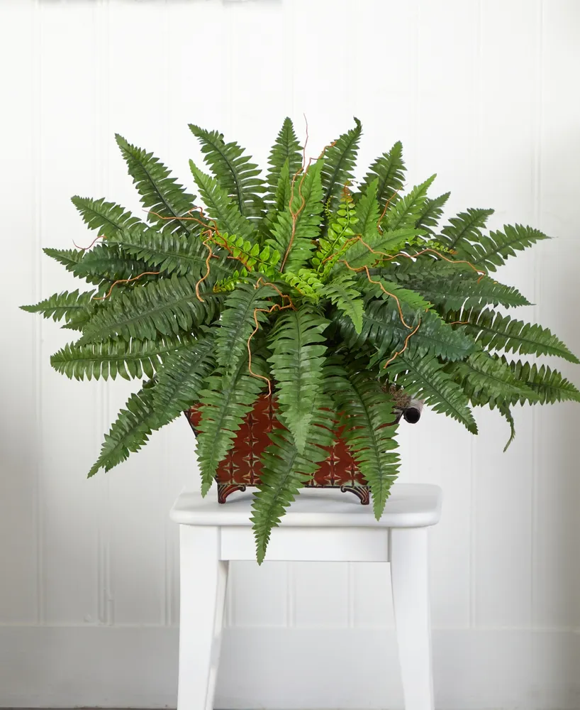 Nearly Natural Boston Fern Artificial Plant in Metal Planter