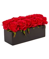 Nearly Natural Dozen Silk Roses in Ceramic Rectangular Planter