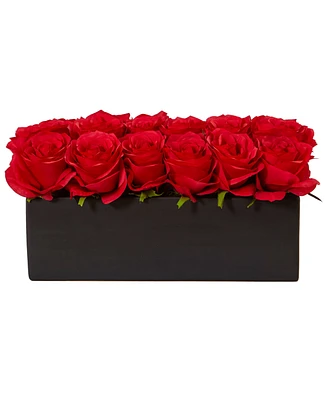 Nearly Natural Dozen Silk Roses in Ceramic Rectangular Planter