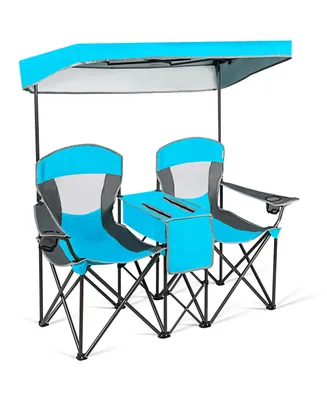 Costway Portable Folding Camping Canopy Chairs w/ Cup Holder Cooler