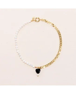 Joey Baby 18K Gold Plated Chain, Freshwater Pearls with Black Heart Charm - Kuro Necklace 17" For Women