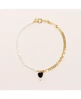 Joey Baby 18K Gold Plated Chain, Freshwater Pearls with Black Heart Charm - Kuro Necklace 17" For Women