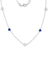 Cubic Zirconia Heart Station Collar Necklace in Sterling Silver, 16" + 2" extender