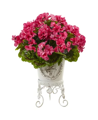 Nearly Natural Geranium Uv-Resistant Indoor/Outdoor Artificial Plant in Metal Planter