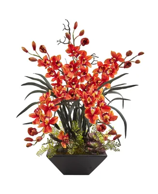 Nearly Natural Cymbidium Orchid Silk Arrangement w/ Black Vase