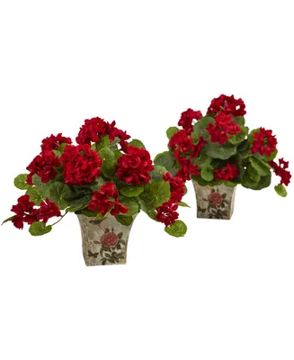 Nearly Natural 2-Pc. 11" Geranium Flowering Artificial Plant Set in Floral Planters