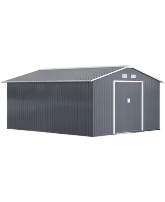 Outsunny 13' x 11' Metal Storage Shed Garden Tool House with Double Sliding Doors, 4 Air Vents for Backyard, Patio, Lawn Dark Grey
