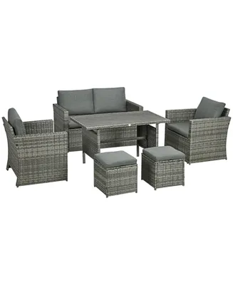 Outsunny 6 Pieces Patio Dining Set, Pe Rattan Furniture Set with 2 Chairs Cushions & Outdoor Loveseat Sofa, Woodgrain Slatted Dinner Table, Mixed Gray