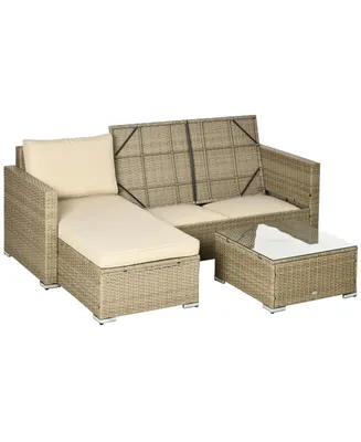 Outsunny 3 Piece Patio Wicker Furniture Set, Rattan Outdoor Sofa Set with Chaise Lounge & Loveseat, Soft Cushions, Storage, Tempered Glass Table, L