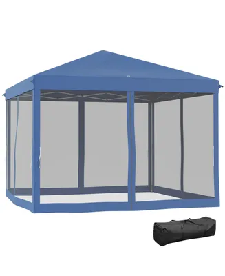 Outsunny Outdoor 10' x 10' Patio Gazebo Outdoor Pop-Up Canopy with Sidewalls, Instant Setup, 4 Mesh Walls for Party, Events, Backyard, Lawn, Blue