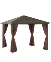 Outsunny Patio Gazebo 10' x 10', Netting & Curtains, Steel Slat Rain Canopy, Hardtop Roof, Hanging Hooks, Rust Resistant Aluminum Frame for Outdoor, G