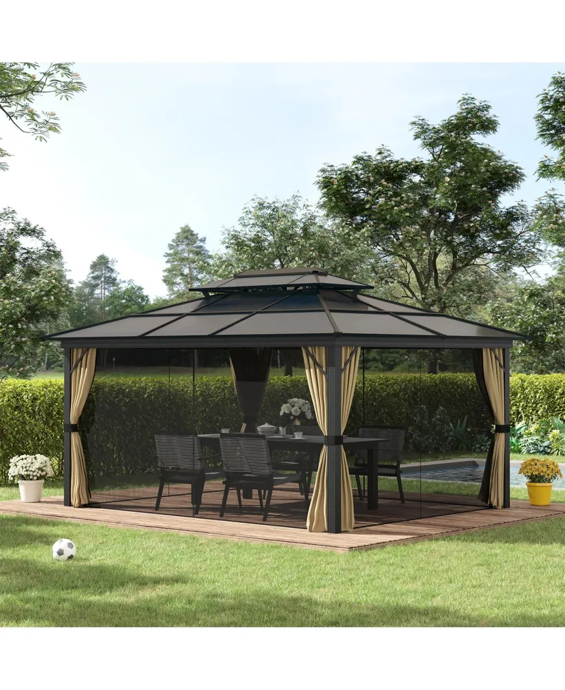 Outsunny Patio Gazebo 15' x 11', Hardtop Canopy, Double Vented Roof, Netting, Curtains, See Through Uv and Waterproof Polycarbonate, Ceiling Hook, Alu