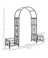 Outsunny 6.7' Steel Garden Arch Arbor with Scrollwork Hearts, Planter Boxes for Climbing Vines, Ceremony, Weddings, Party, Backyard, Lawn, Dark Gray