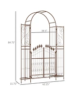 Outsunny 7' Metal Garden Arbor, Garden Arch with Gate, Fleur De Lis Motif, Latching Doors, Planter Shelves for Climbing Vines, Ceremony, Weddings, Par