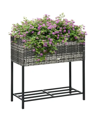 Outsunny Elevated Metal Raised Garden Bed with Rattan Wicker Look, Underneath Tool Storage Rack, Sophisticated Modern Design, Gray