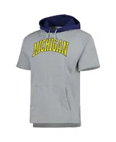 Men's Mitchell & Ness Heather Gray Michigan Wolverines Postgame Short Sleeve Pullover Hoodie