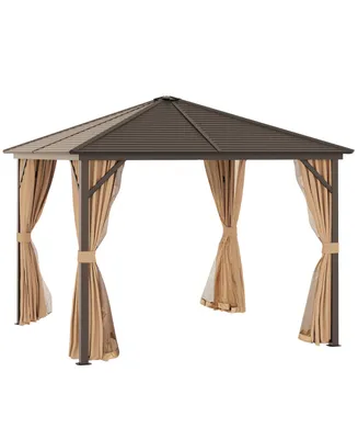 Outsunny Patio Gazebo 10' x 10', Netting & Curtains, Steel Slat Rain Canopy, Hardtop Roof, Hanging Hooks, Rust Resistant Aluminum Frame for Outdoor