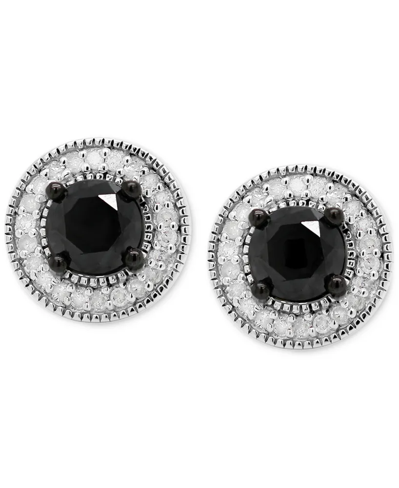 Black Diamond (7/8 ct. t.w.) & White Diamond (1/10 ct. t.w.) Halo Stud Earrings in Sterling Silver